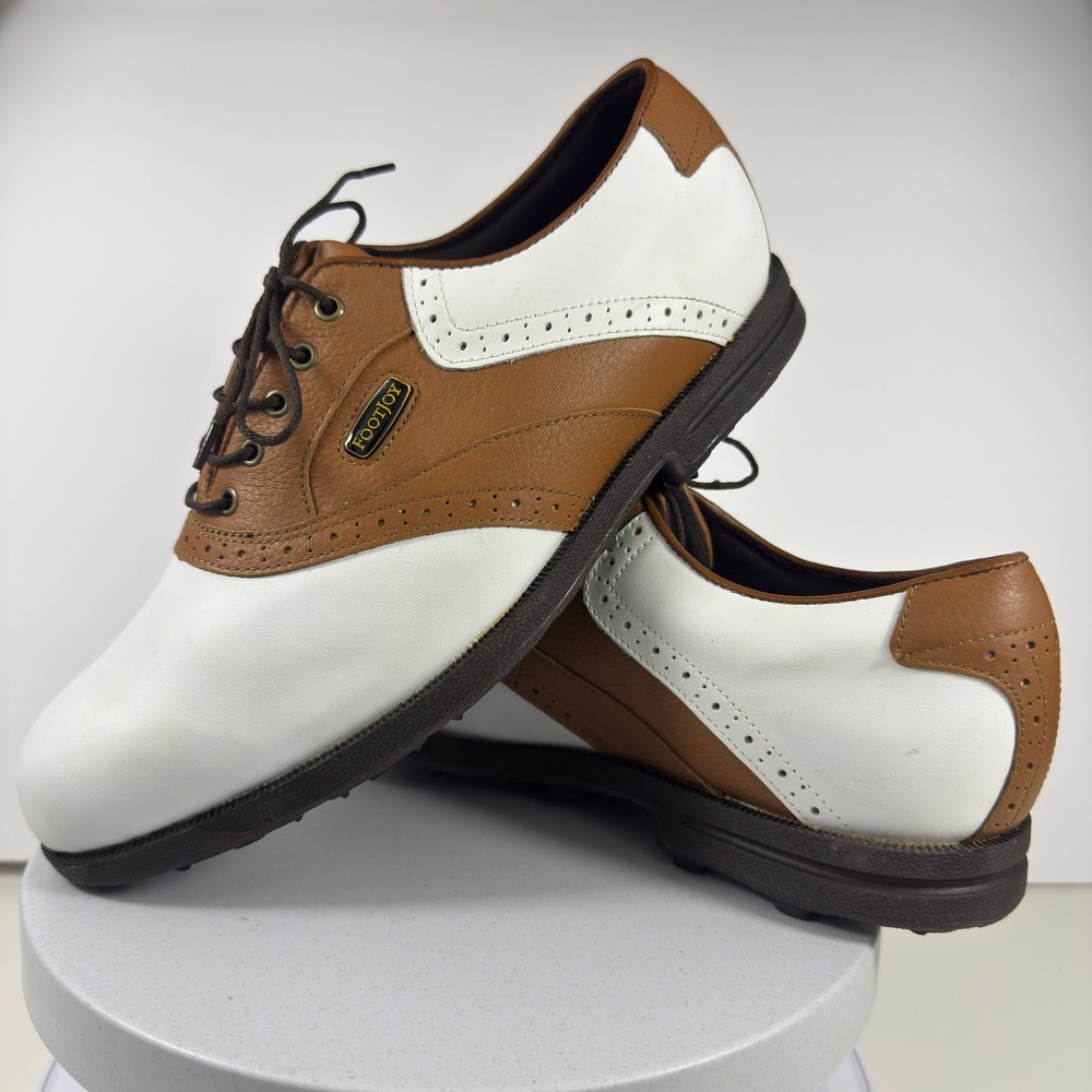 FootJoy Men's 8.5 M Golf Shoes White Brown Saddle Leather Spiked Soft-Joys SX